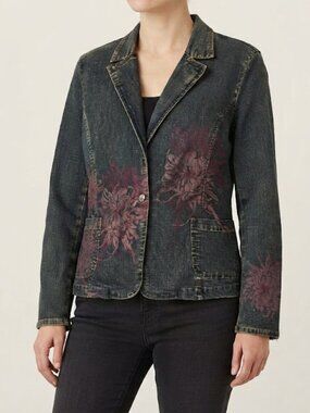 Vintage Blue Denim Jacket with Pink Floral Print